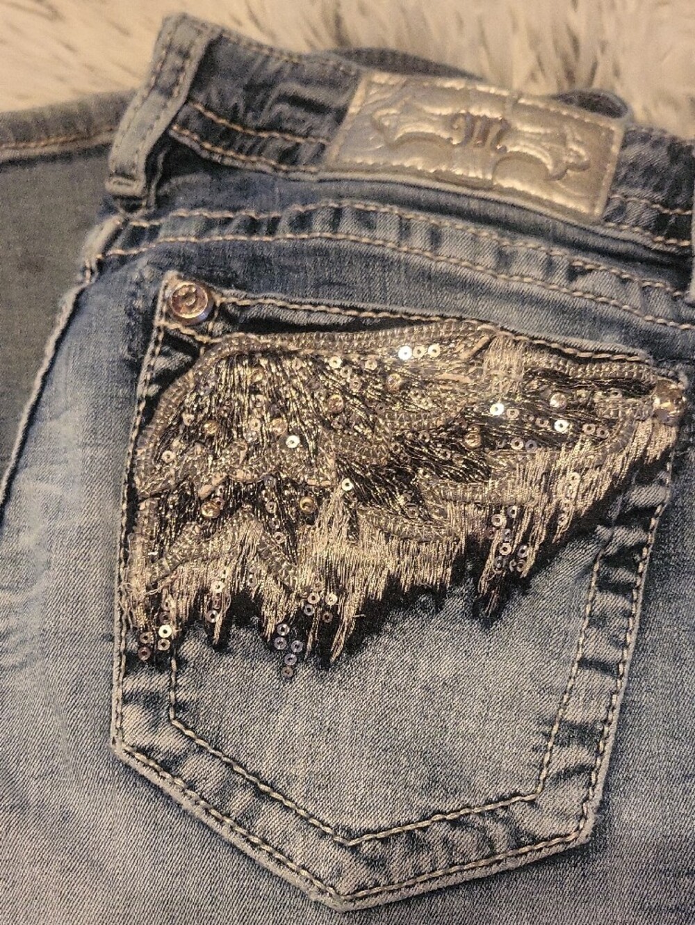 Miss Me Vintage Light Blue Bootcut Jeans with Silver Sequin Size 31 - Picture 2 of 12